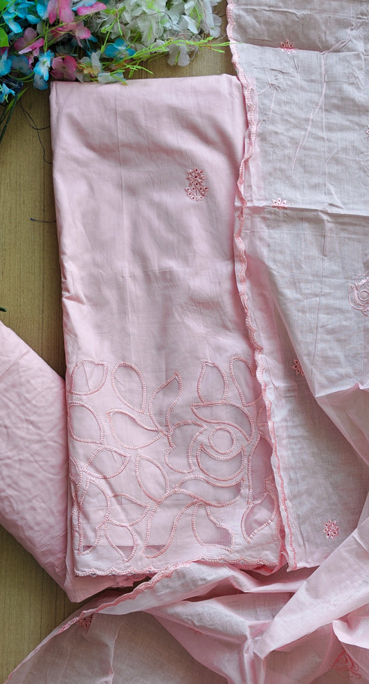 Cotton Laser Cut & Embroidered Unstitched Suit with Scalloped Dupatta (3 Pc Set)