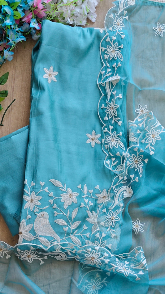 Modal Embroidered Unstitched Suit with Organza Dupatta and Crochet Lace Detailing
