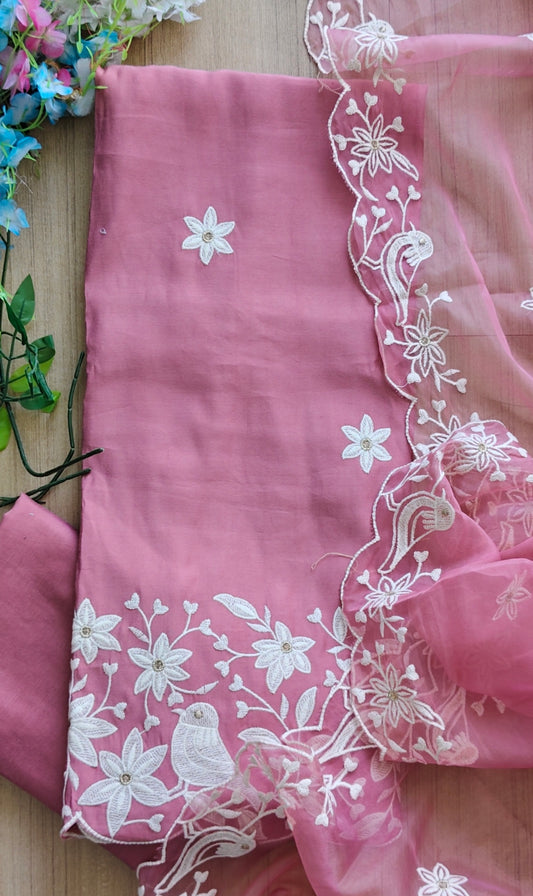Modal Embroidered Unstitched Suit with Organza Dupatta and Crochet Lace Detailing