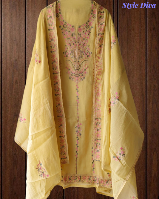 Mul Chanderi Overall Aari Embroidery Un-Stitched Suit (3 Pc Set)