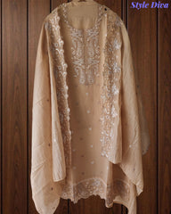 Mul Chanderi Thread Embroidery Unstitched Suit (3 Pc Set) with Scalloped Dupatta