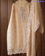 Mul Chanderi Thread Embroidery Unstitched Suit (3 Pc Set) with Scalloped Dupatta