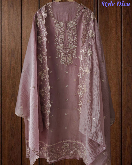 Mul Chanderi Thread Embroidery Unstitched Suit (3 Pc Set) with Scalloped Dupatta