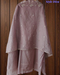 Mul Chanderi Thread Embroidery Unstitched Suit (3 Pc Set) with Scalloped Dupatta