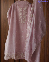 Mul Chanderi Thread Embroidery Unstitched Suit (3 Pc Set) with Scalloped Dupatta