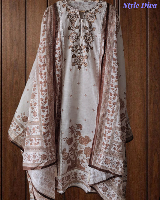 Linen Digital Print Unstitched Suit with Highlight Embroidery and Linen Dupatta