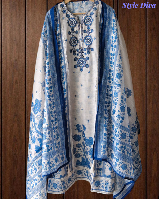 Linen Digital Print Unstitched Suit with Highlight Embroidery and Linen Dupatta