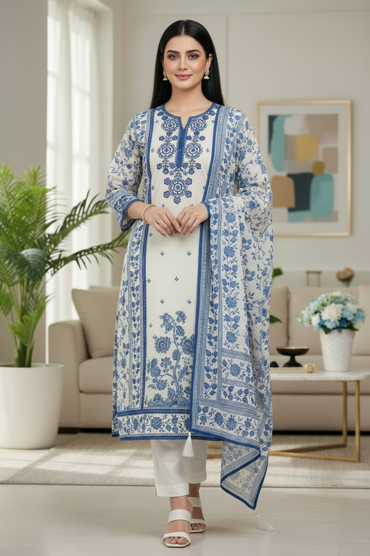 Linen Digital Print Unstitched Suit with Highlight Embroidery and Linen Dupatta