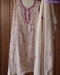 Soft Mul Chanderi Kantha Work Un-Stitched Suit with Crochet Lace Dupatta