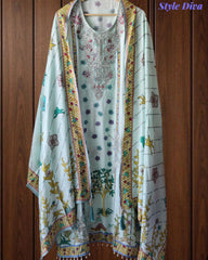 LIGHT BLUE - Muslin Digital Print Semi-Stitched Suit with Pearl and Zari Work Patch Dupatta