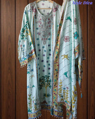 LIGHT BLUE - Muslin Digital Print Semi-Stitched Suit with Pearl and Zari Work Patch Dupatta