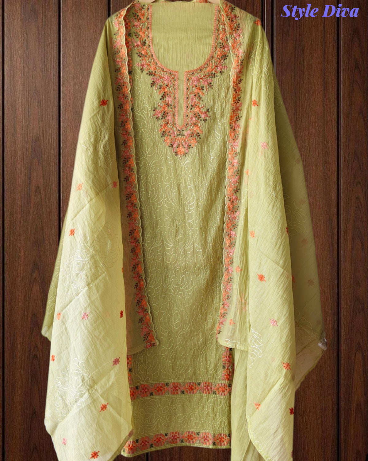 Mul Chanderi Lucknowi Work Un-Stitched Suit with Matching Dupatta (3 Pc Set)