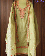 Mul Chanderi Lucknowi Work Un-Stitched Suit with Matching Dupatta (3 Pc Set)