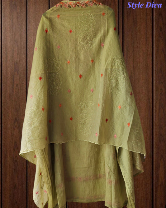 Mul Chanderi Lucknowi Work Un-Stitched Suit with Matching Dupatta (3 Pc Set)