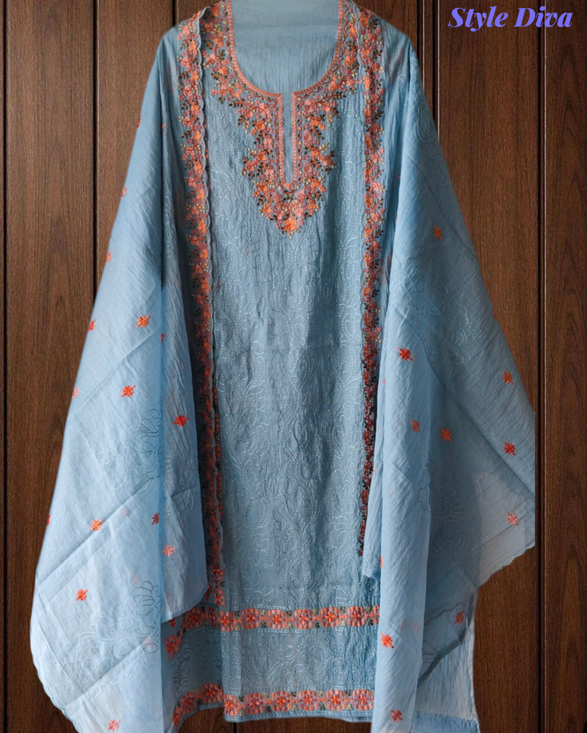 Mul Chanderi Lucknowi Work Un-Stitched Suit with Matching Dupatta (3 Pc Set)