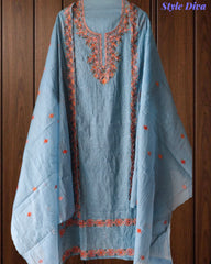 Mul Chanderi Lucknowi Work Un-Stitched Suit with Matching Dupatta (3 Pc Set)