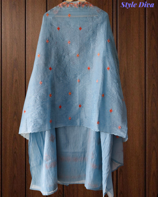 Mul Chanderi Lucknowi Work Un-Stitched Suit with Matching Dupatta (3 Pc Set)