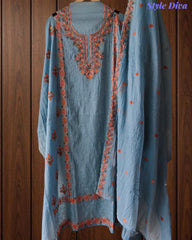 Mul Chanderi Lucknowi Work Un-Stitched Suit with Matching Dupatta (3 Pc Set)