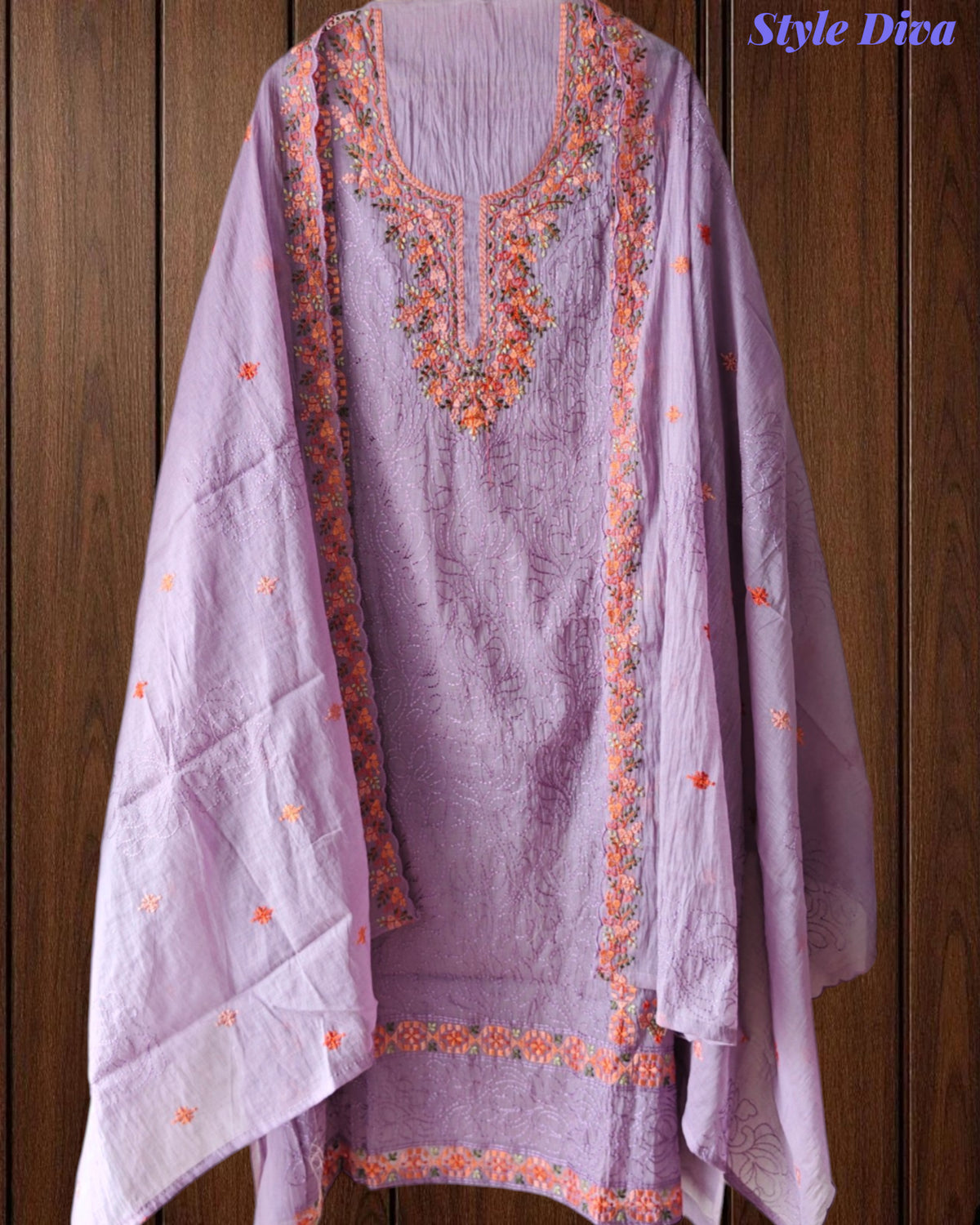Mul Chanderi Lucknowi Work Un-Stitched Suit with Matching Dupatta (3 Pc Set)