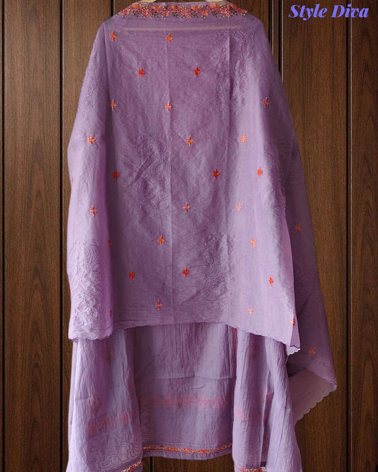 Mul Chanderi Lucknowi Work Un-Stitched Suit with Matching Dupatta (3 Pc Set)