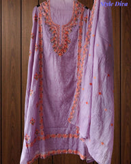 Mul Chanderi Lucknowi Work Un-Stitched Suit with Matching Dupatta (3 Pc Set)