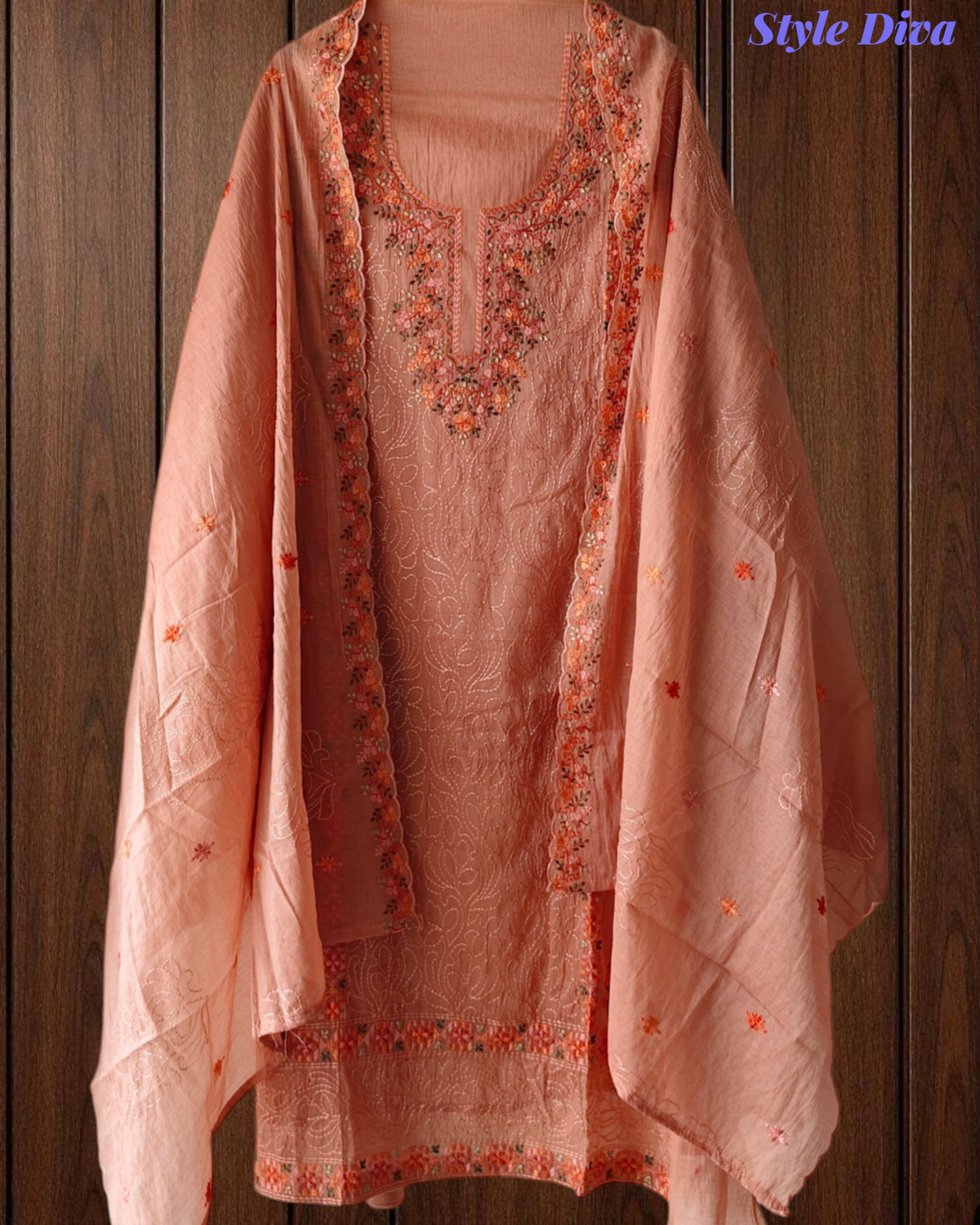 Mul Chanderi Lucknowi Work Un-Stitched Suit with Matching Dupatta (3 Pc Set)