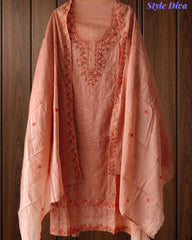 Mul Chanderi Lucknowi Work Un-Stitched Suit with Matching Dupatta (3 Pc Set)