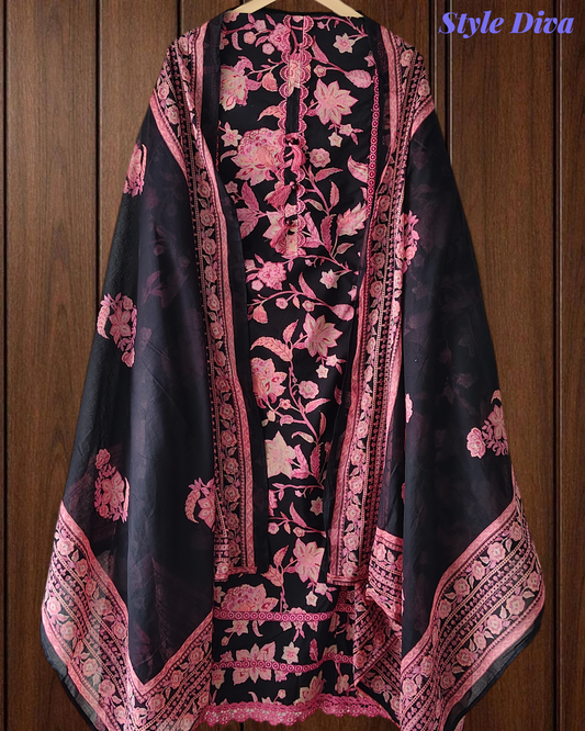 Pure Cotton Printed Unstitched Suit with Crochet Lacing and Mul Cotton Dupatta