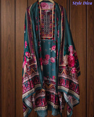 Muslin Digital Print Un-Stitched Suit with Pearl Highlighting and Digital Print Dupatta