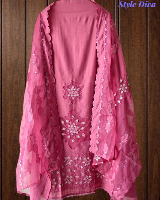 Modal Laser Cut Appliqué Work Unstitched Suit with Organza Dupatta