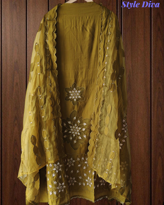 Modal Laser Cut Appliqué Work Unstitched Suit with Organza Dupatta
