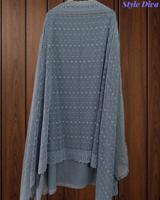 Georgette Lucknowi Embroidery Unstitched Suit with Mirror Work & Scalloped Dupatta (3 Pc Set)