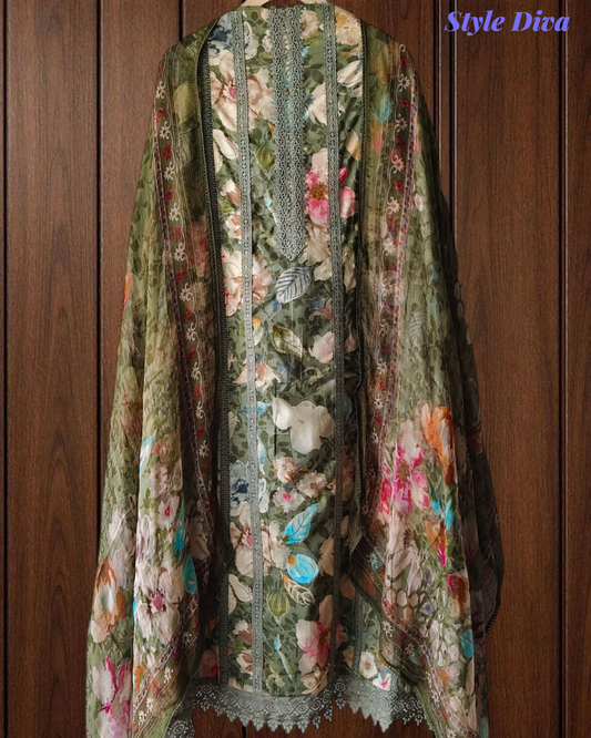Pure Cotton Printed Un-Stitched Suit with Chiffon Digital Print Dupatta & Crochet Lacing
