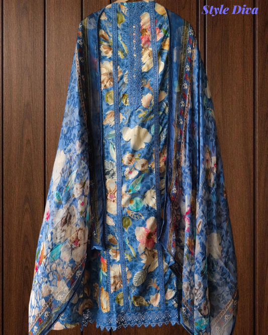 Pure Cotton Printed Un-Stitched Suit with Chiffon Digital Print Dupatta & Crochet Lacing