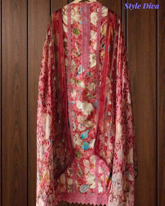 Pure Cotton Printed Un-Stitched Suit with Chiffon Digital Print Dupatta & Crochet Lacing