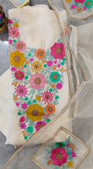 Organza Colorful Embroidery Un Stitched Suit with Jute & Crochet Lace and Matching Dupatta