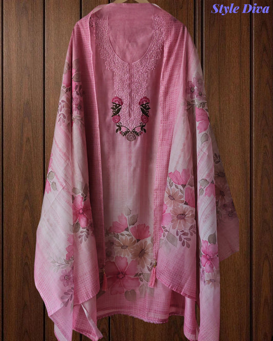 (PINK)-Linen Digital Print Thread Embroidery Unstitched Suit with Tassel Dupatta