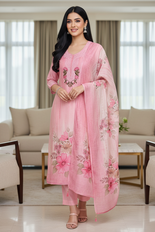 (PINK)-Linen Digital Print Thread Embroidery Unstitched Suit with Tassel Dupatta