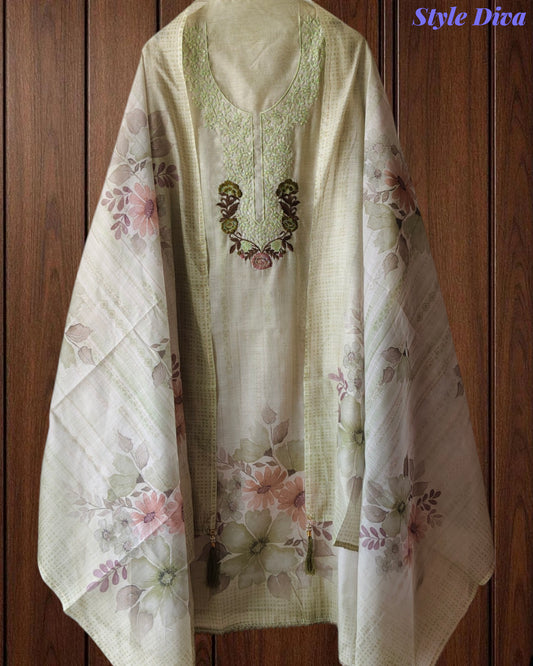 Linen Digital Print Thread Embroidery Unstitched Suit with Tassel Dupatta