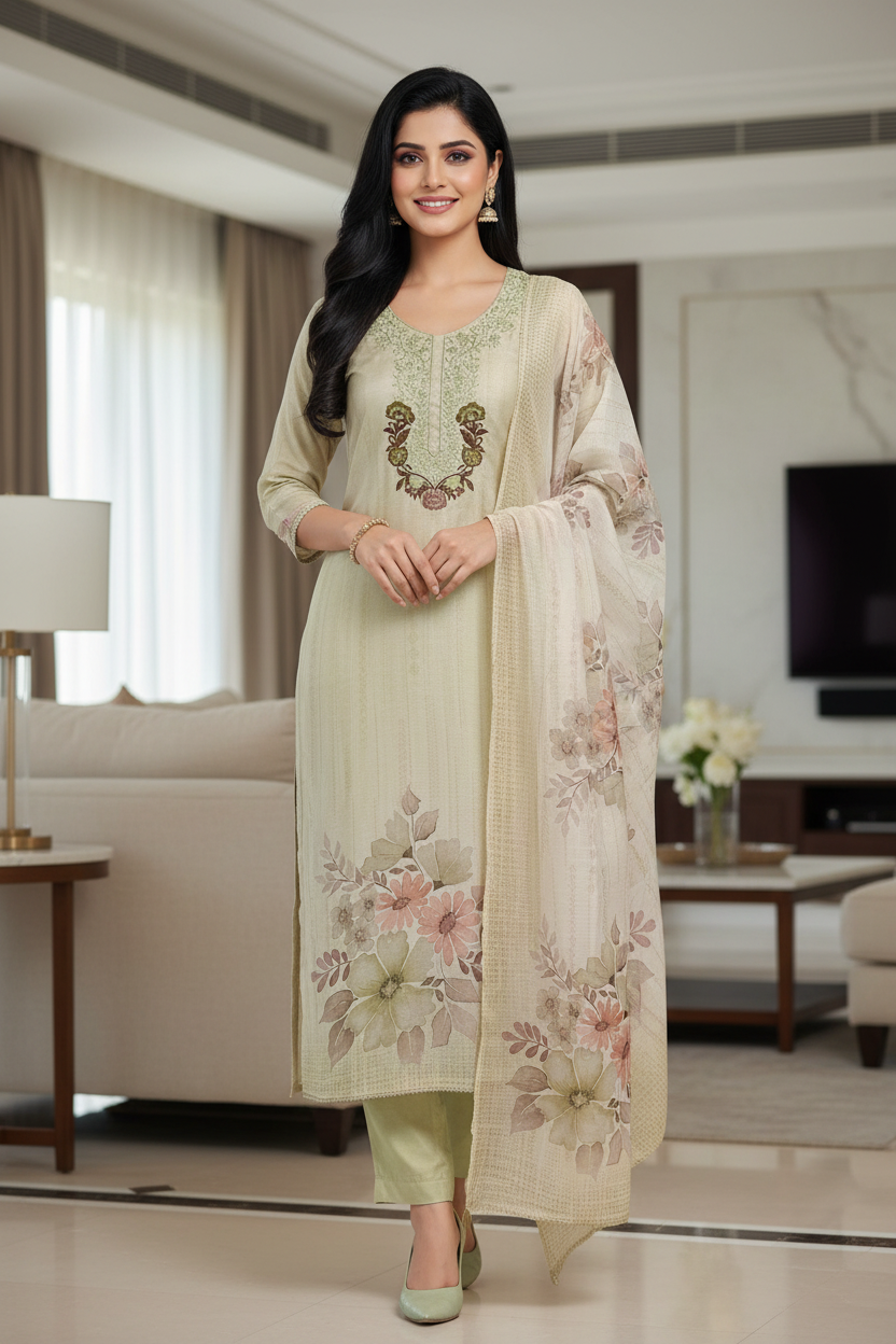 Linen Digital Print Thread Embroidery Unstitched Suit with Tassel Dupatta