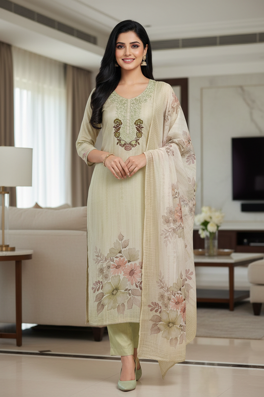 Linen Digital Print Thread Embroidery Unstitched Suit with Tassel Dupatta