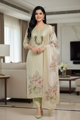 Linen Digital Print Thread Embroidery Unstitched Suit with Tassel Dupatta