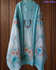 Linen Digital Print Thread Embroidery Unstitched Suit with Tassel Dupatta