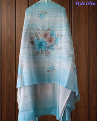 Linen Digital Print Thread Embroidery Unstitched Suit with Tassel Dupatta