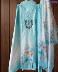 Linen Digital Print Thread Embroidery Unstitched Suit with Tassel Dupatta