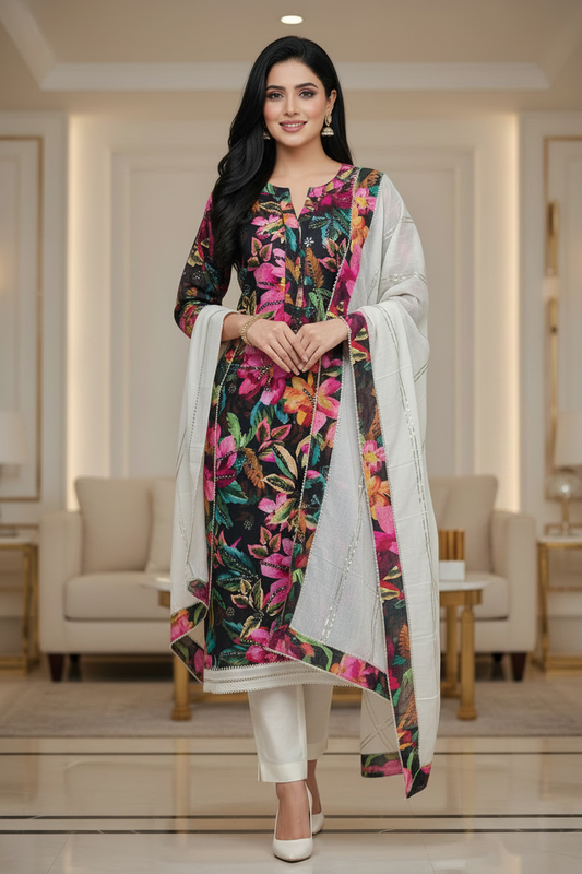 Cotton Faux Mirror Work Unstitched Suit with Gotta Work Dupatta