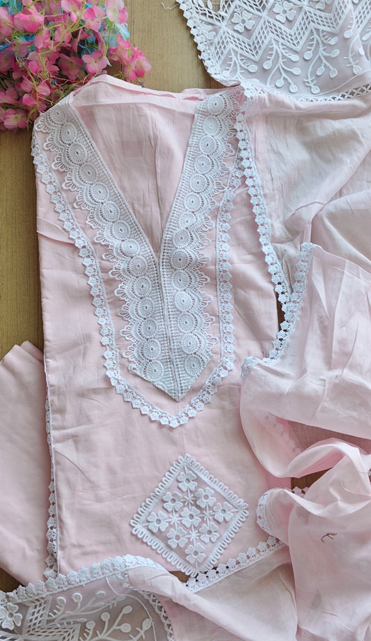Cotton Pakistani Style Crochet Lace Unstitched Suit with Mul Cotton Designer Dupatta