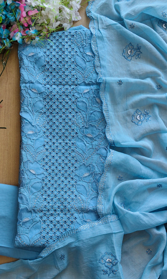 Pure Cotton Laser Cut Embroidered Un Stitched Suit with Mul Cotton Dupatta
