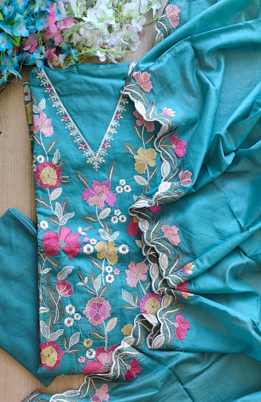 Soft Mul Chanderi Embroidered Unstitched Suit with Scalloped Dupatta