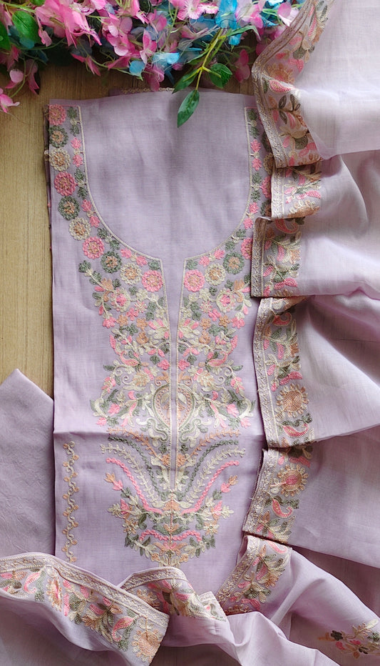 Mul Chanderi Overall Aari Embroidery Un-Stitched Suit (3 Pc Set)